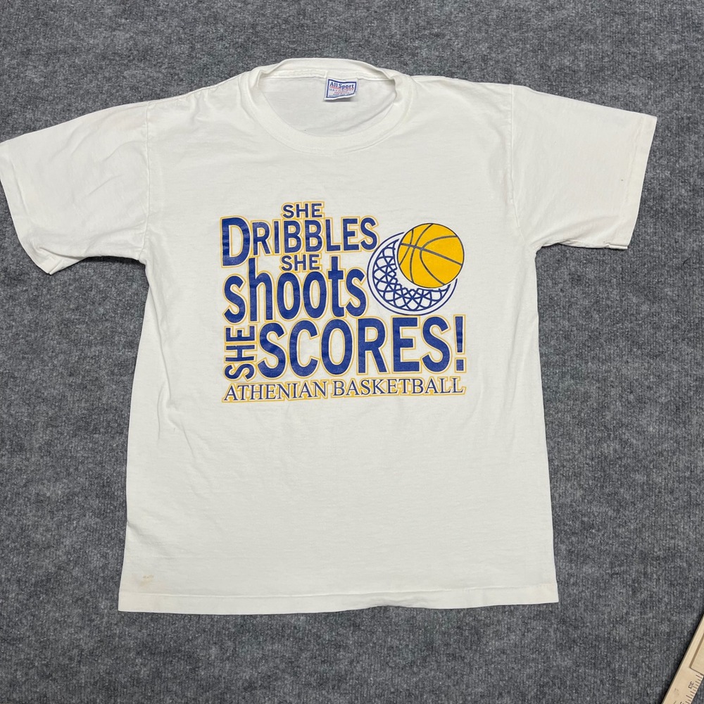 VTG All Sport Shirt Womens Medium White She Dribbles She Shoots Sheā Scores! USA